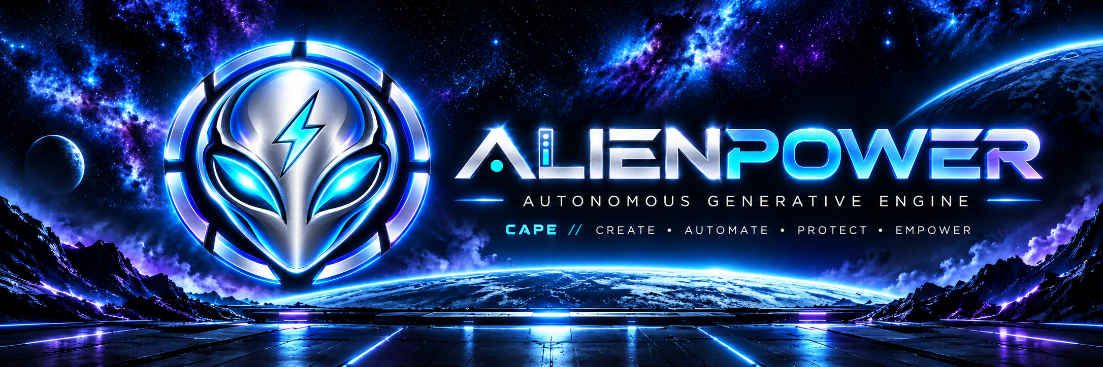 AlienPOWER silver alien emblem above a cyan and purple planetary horizon